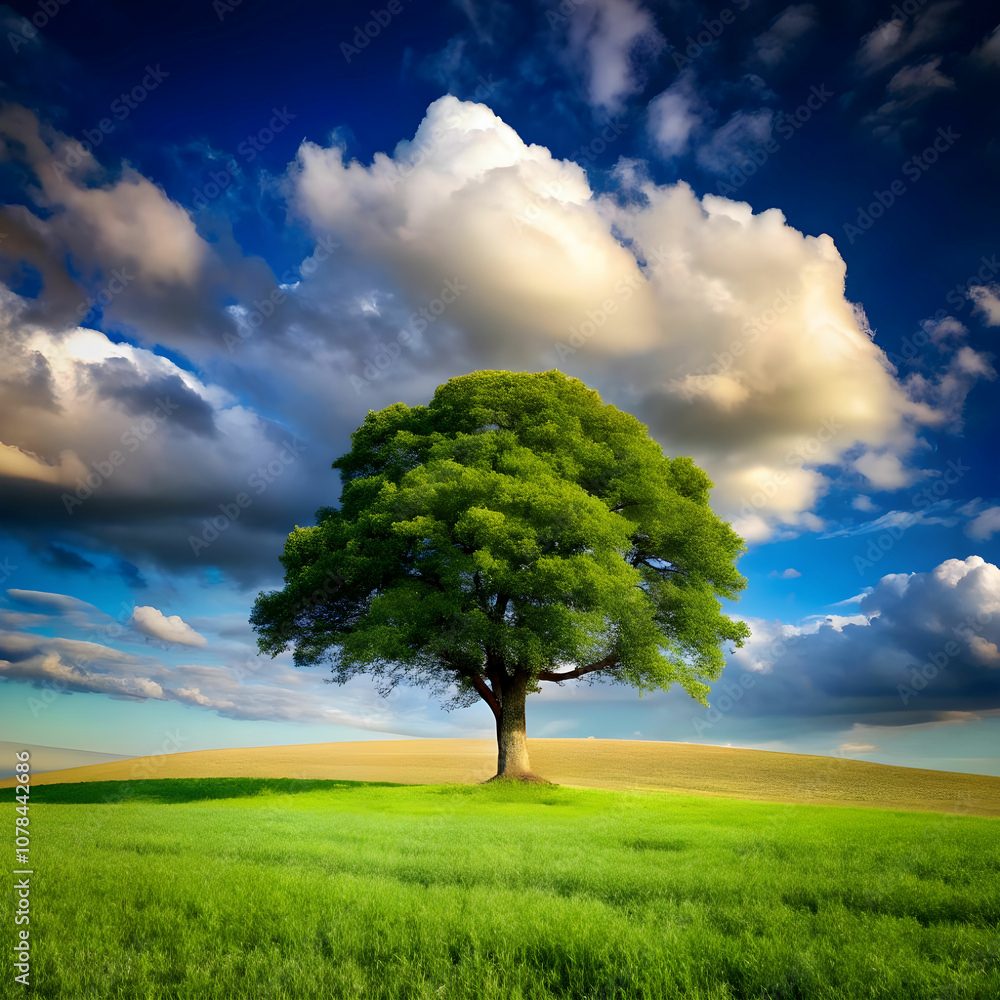 Obraz premium lone tree in green field with blue cloudy sky