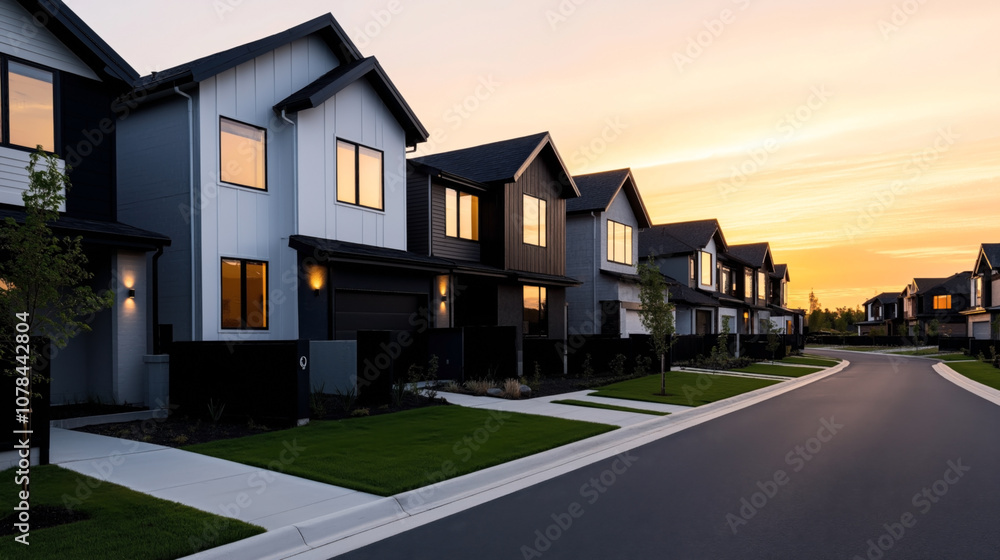 Modern suburban residential street at sunset with row of contemporary two-story houses featuring sleek architecture, manicured lawns, and illuminated windows. Modern suburban residential street at sunset with row of contemporary two-story houses featuring sleek architecture, manicured lawns, and illuminated windows.