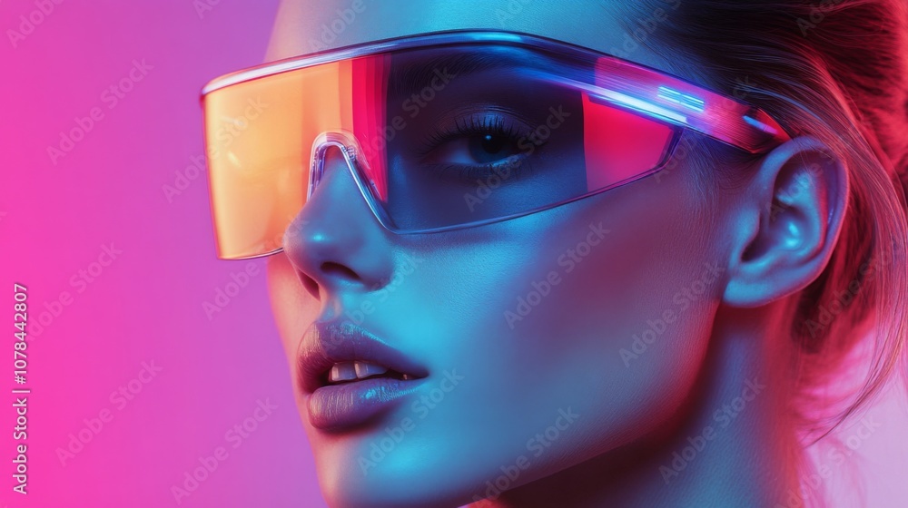 Woman in yellow sunglasses with pink and blue glow Woman in yellow sunglasses with pink and blue glow