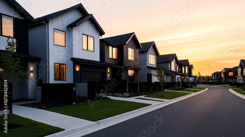 Modern suburban residential street at sunset with row of contemporary two-story houses featuring sleek architecture, manicured lawns, and illuminated windows.