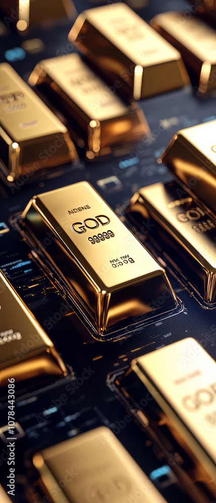 Close up of gold bars on dark holographic background, symbolizing wealth and investment Close up of gold bars on dark holographic background, symbolizing wealth and investment