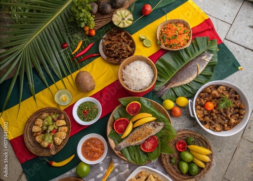 Fototapeta Naklejka Na Ścianę i Meble -  Captivating Culinary Delights of Fort-de-France: A Vibrant Display of Caribbean Cuisine Showcasing Local Ingredients, Dishes, and Colorful Presentation for Food Enthusiasts