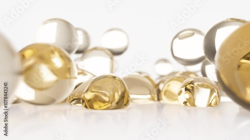 Gold cosmetic serum with liquid bubbles in a 3D abstract background. Hydrating essence gel enriched with collagen molecules. Moisturizing cream or oil for advanced skincare, beauty, and skin health.