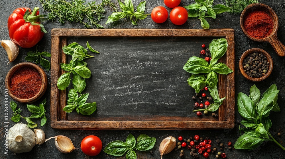 A rustic kitchen scene with herbs, tomatoes, spices, and a chalkboard for recipes. A rustic kitchen scene with herbs, tomatoes, spices, and a chalkboard for recipes.