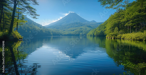 Fototapeta Naklejka Na Ścianę i Meble -  A beautiful lake with the reflection of the mountain, tall trees in front of it, lush greenery around and behind the water surface, a distant view of a large volcano in the background, and a blue sky.