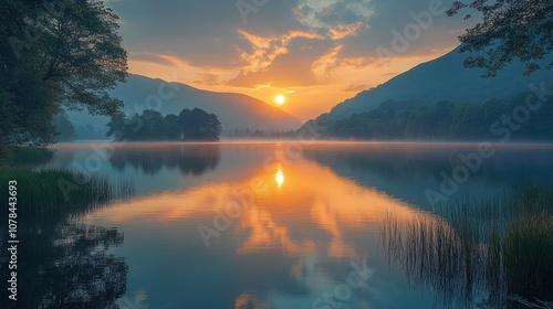 Serene sunset over a tranquil lake surrounded by mountains.