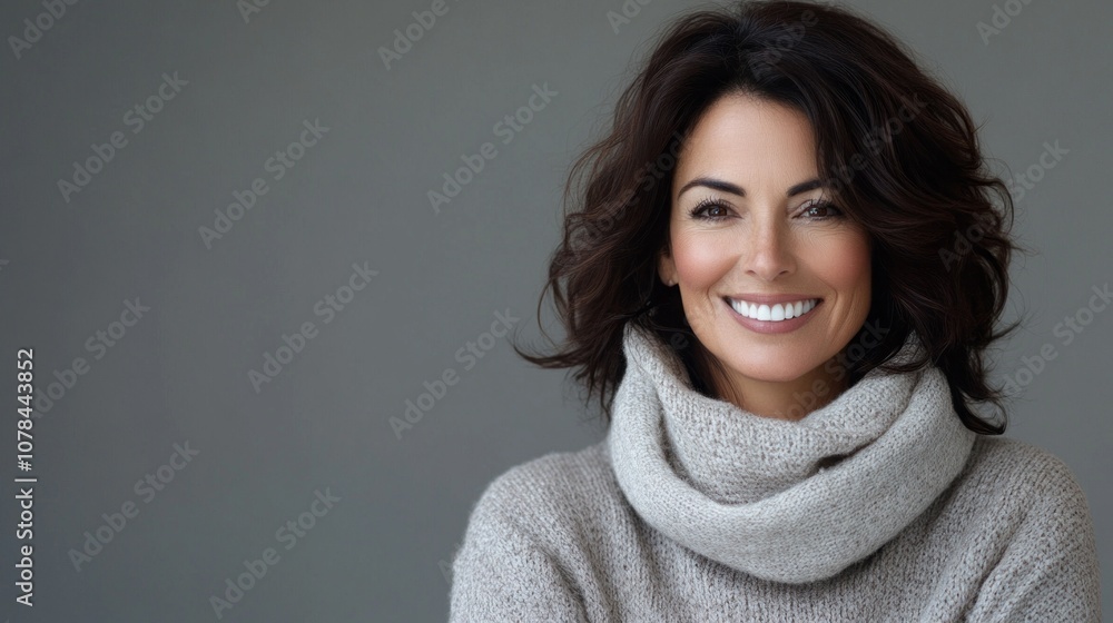 A woman with a smile on her face is wearing a sweater and scarf A woman with a smile on her face is wearing a sweater and scarf