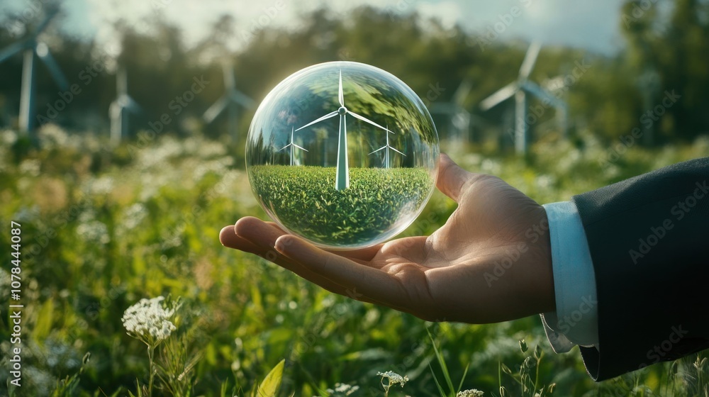 A businessman holds a crystal ball reflecting a field of wind turbines.