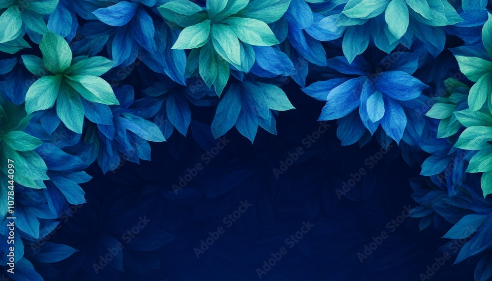 Obraz premium Vibrant Blue, Teal, And Green Neon Autumn Floral Border With Copy Space On Dark Background