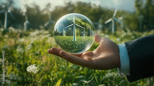 Obraz na płótnie A businessman holds a crystal ball reflecting a field of wind turbines. w salonie