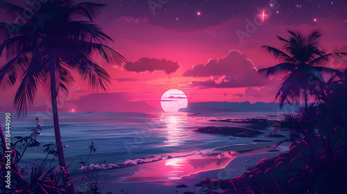 Synthwave 80's retro tropical beach town, neon light, night street, cyberpunk futuristic background, shops, palms, sea coast, neon vaporwave illustration