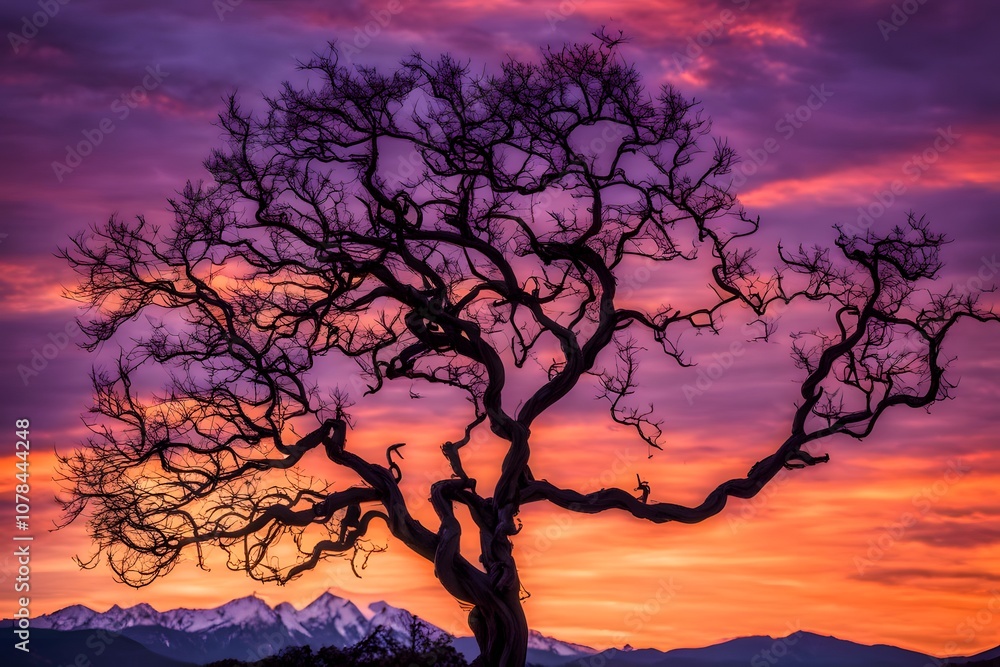 A tree with twisted branches silhouetted against a vibrant orange and purple sunset, AI Generated A tree with twisted branches silhouetted against a vibrant orange and purple sunset, AI Generated