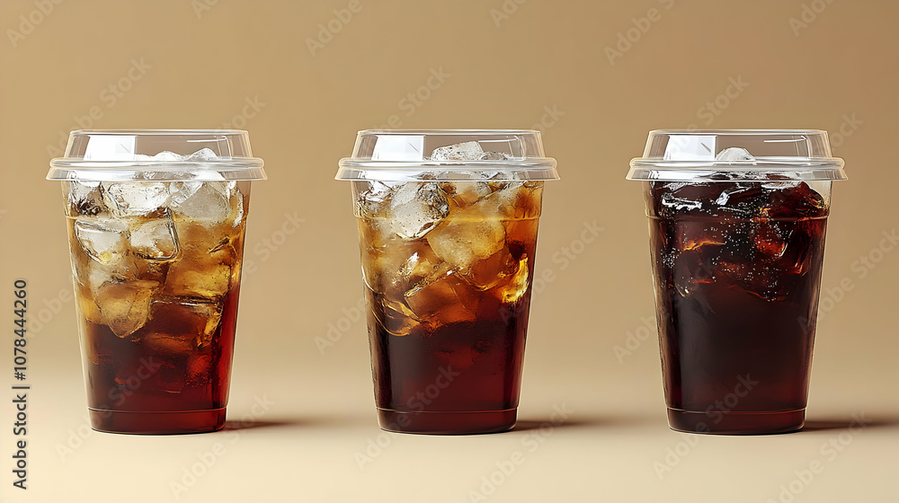 Three Cups of Ice Cold Soda Realistic Image Three Cups of Ice Cold Soda Realistic Image