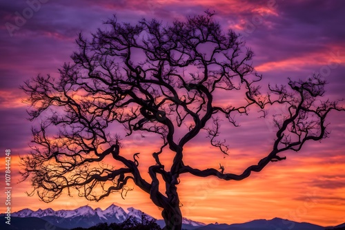 A tree with twisted branches silhouetted against a vibrant orange and purple sunset, AI Generated