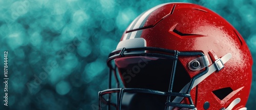 Close-up of a vibrant red football helmet against a blurred background, highlighting the details and design elements of the gear. photo