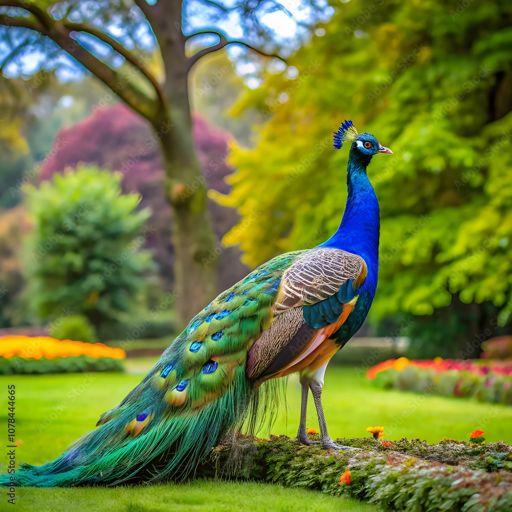 Obraz premium vibrant peacock strolling through lush garden on a bright sunny day