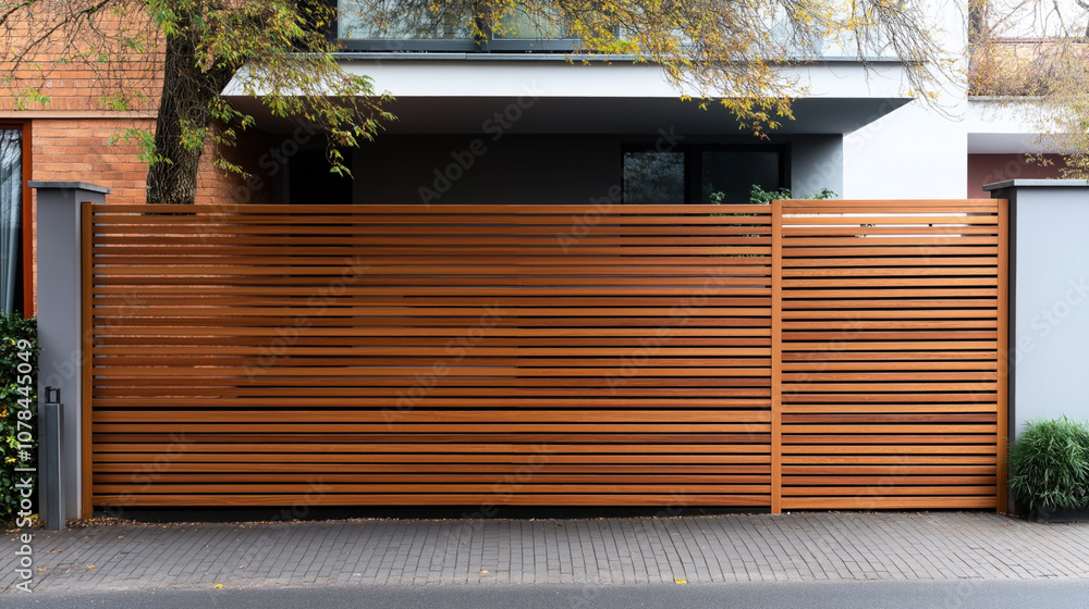 Modern wooden gate with horizontal slats in front of a contemporary house facade, featuring brick and white surfaces and a tree with autumn leaves. Modern wooden gate with horizontal slats in front of a contemporary house facade, featuring brick and white surfaces and a tree with autumn leaves.
