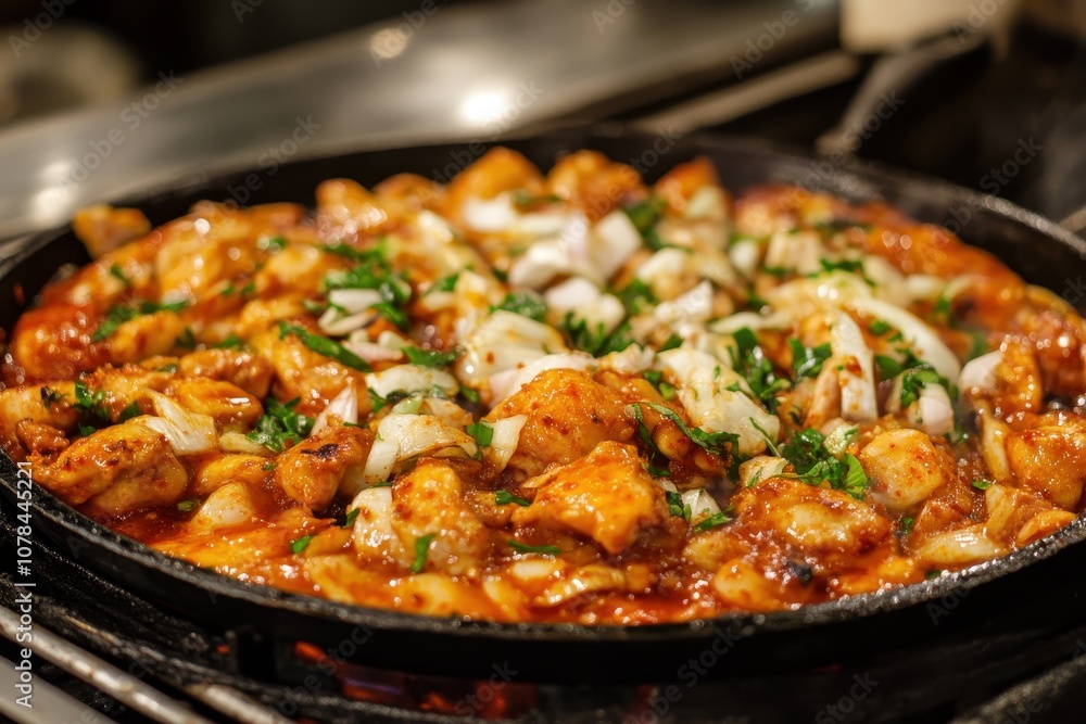 Image of dak galbi on a BBQ a Korean chicken dish Image of dak galbi on a BBQ a Korean chicken dish