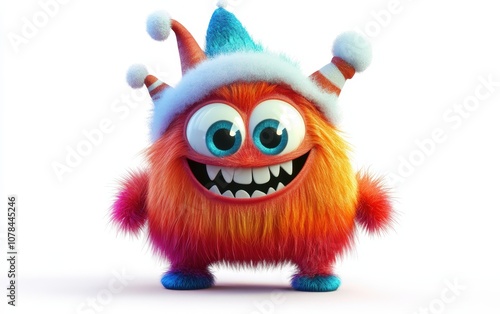 Cute and funny colored furry chrismas style monster 3D cartoon character. huge big eyes good smile furry and pretty on white background.