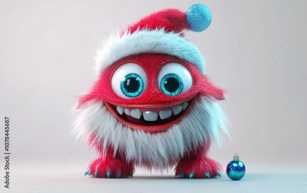 Fototapeta premium Cute and funny colored furry chrismas style monster 3D cartoon character. huge big eyes good smile furry and pretty on white background.
