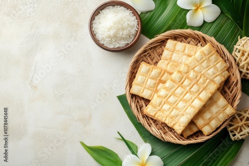 Indonesian rice crackers Rengginang Plain background with space for text photo