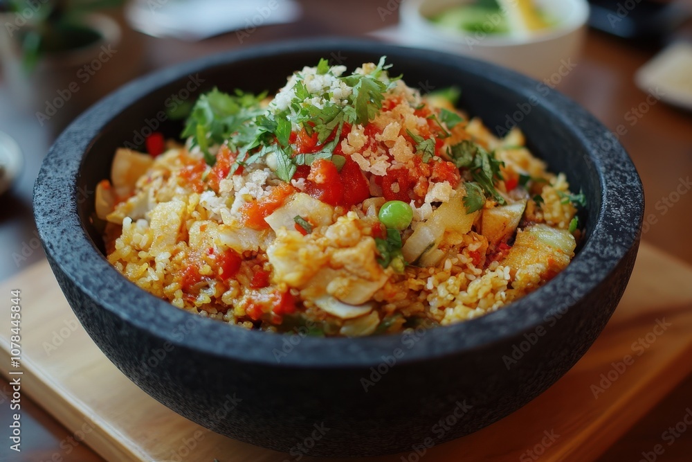 Indonesian traditional dish of rice with egg and peanut sauce Indonesian traditional dish of rice with egg and peanut sauce