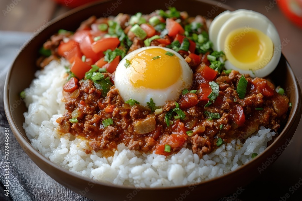 Indonesian traditional dish rice eggs and peanut sauce Indonesian traditional dish rice eggs and peanut sauce