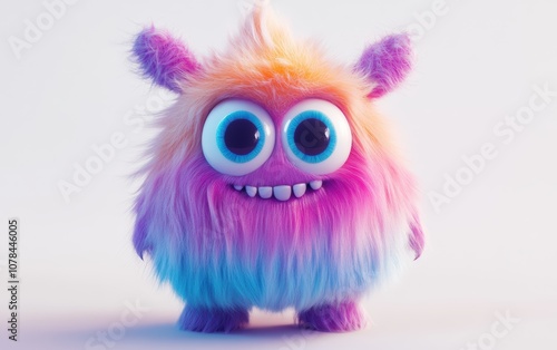 Cute and funny colored furry chrismas style monster 3D cartoon character. huge big eyes good smile furry and pretty on white background.
