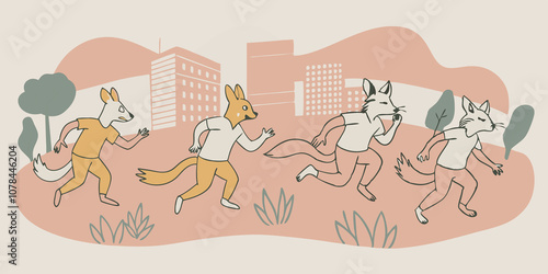 Urban Park Sprint A group of therians depicted with diverse animal traits like ears and tails dashing across a grassy area in an urban park surrounded by modern buildings and photo