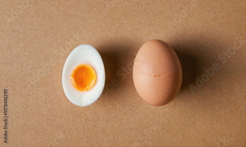 A peeled, soft-boiled egg sits beside a whole egg on a brown surface photo