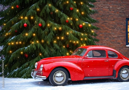 Red car and decorated Christmas tree stock illustration