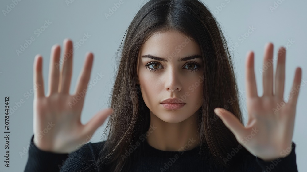 Woman with hands raised, symbolizing stop or defense. Woman with hands raised, symbolizing stop or defense.