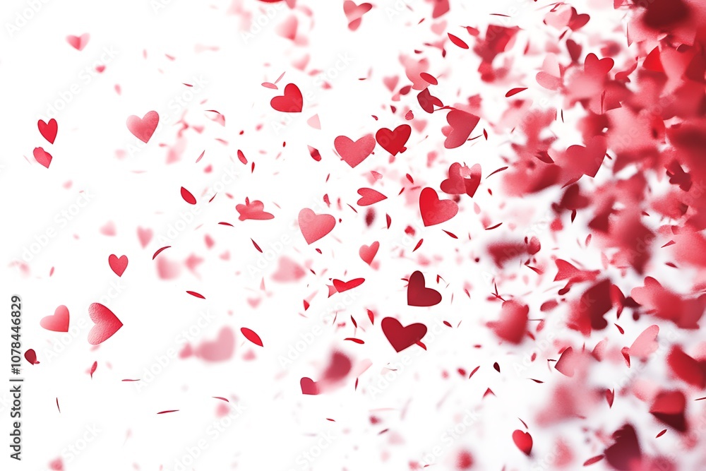 Red heart-shaped confetti gently falling over a white background Red heart-shaped confetti gently falling over a white background