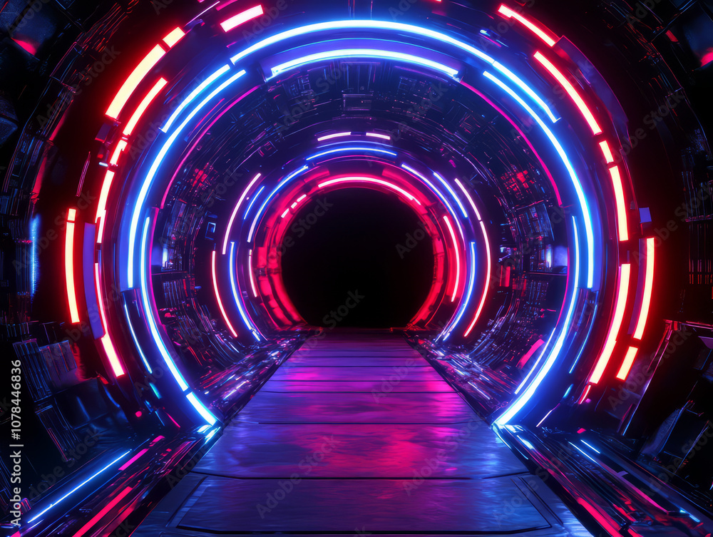 Futuristic tunnel with vibrant neon lights in red and blue hues Futuristic tunnel with vibrant neon lights in red and blue hues