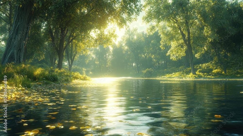 Fototapeta premium Serene river scene with sunlight filtering through lush trees.
