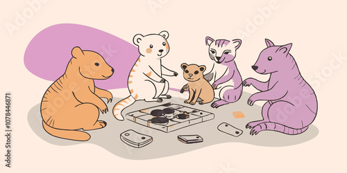 These descriptions aim to capture the essence of playful bonding through animal movement games in a simple and engaging way perfect for vector illustrations. photo