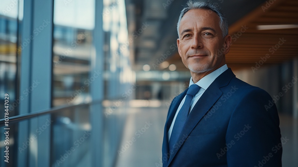 Confident businessman in a suit, standing in a modern office building. Confident businessman in a suit, standing in a modern office building.