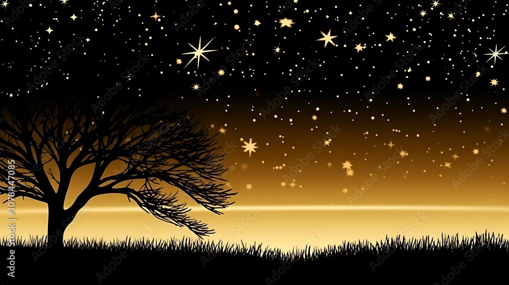 A Silhouette of a Tree Against a Golden Sky Filled with Stars A Silhouette of a Tree Against a Golden Sky Filled with Stars