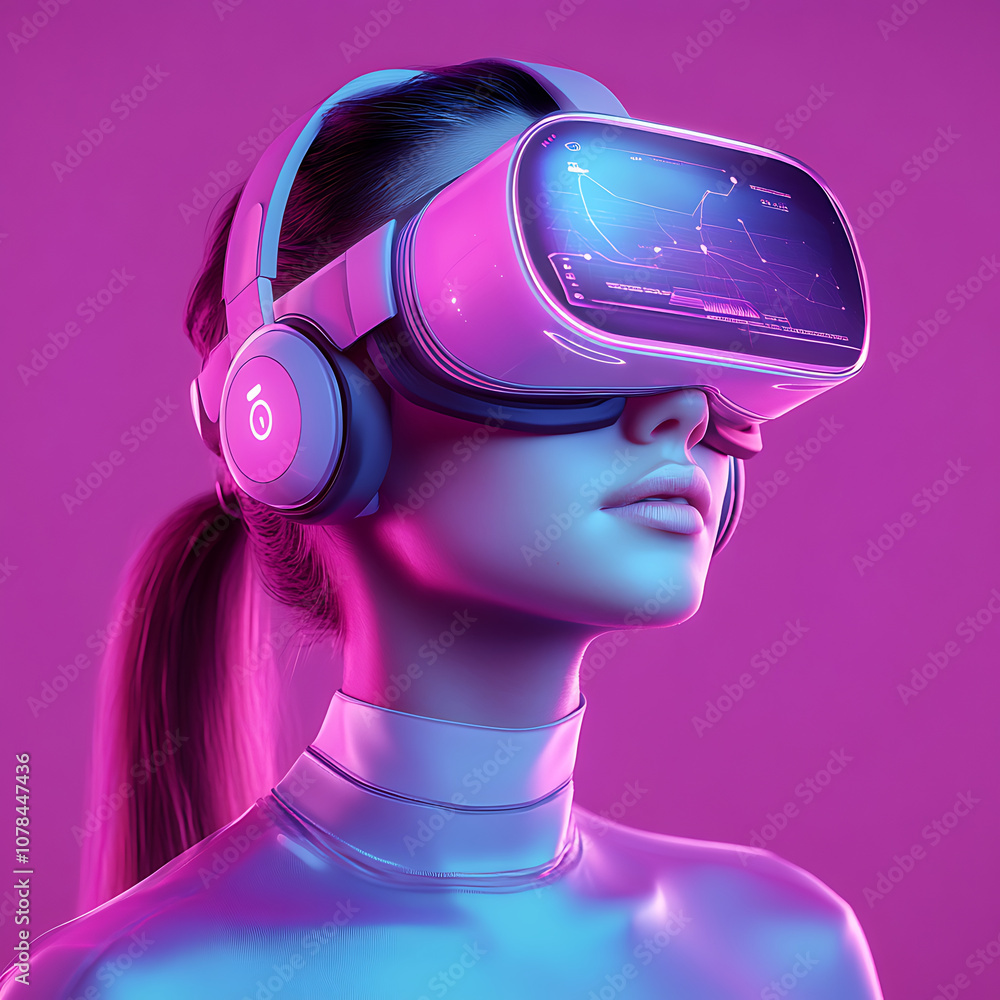user wearing VR headset interacts with 3D model, showcasing technology and innovation in vibrant, futuristic setting. scene is illuminated with pink and blue hues, creating captivating atmosphere user wearing VR headset interacts with 3D model, showcasing technology and innovation in vibrant, futuristic setting. scene is illuminated with pink and blue hues, creating captivating atmosphere