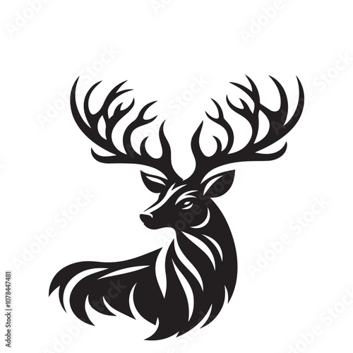 Majestic stag silhouette on a white background. A striking black silhouette of a stag with large antlers, standing proudly against a clean white backdrop.