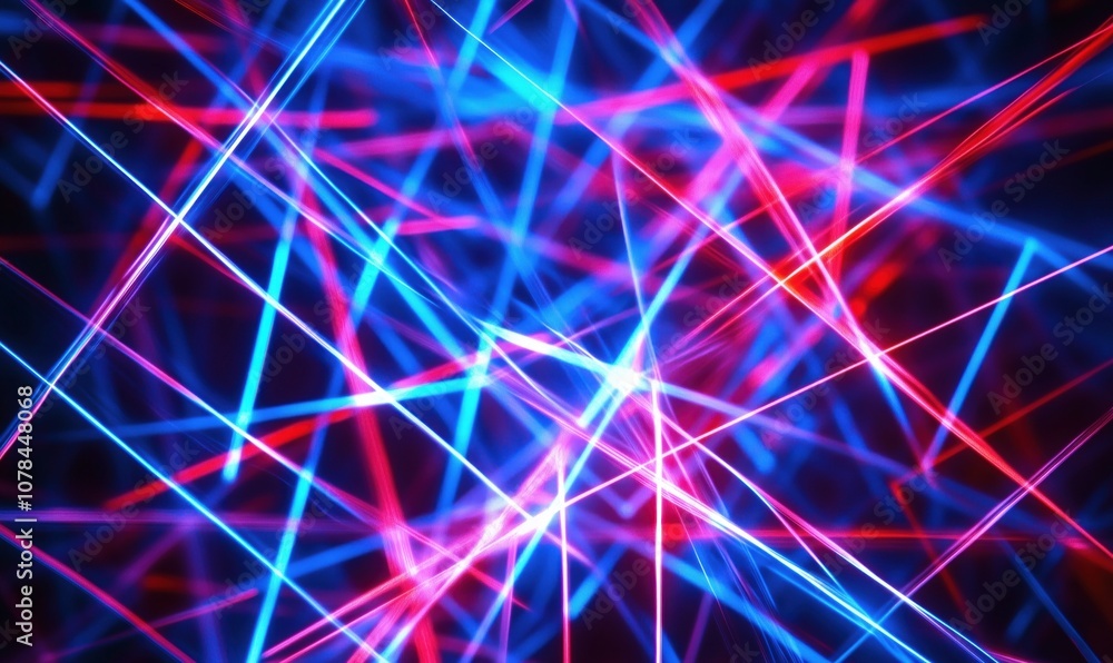 Colorful laser light beams, vibrant blue and red patterns, abstract design Colorful laser light beams, vibrant blue and red patterns, abstract design