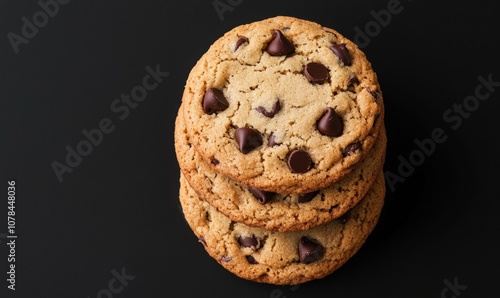 Delicious stacked chocolate chip cookies against a black background, perfect for dessert lovers. photo