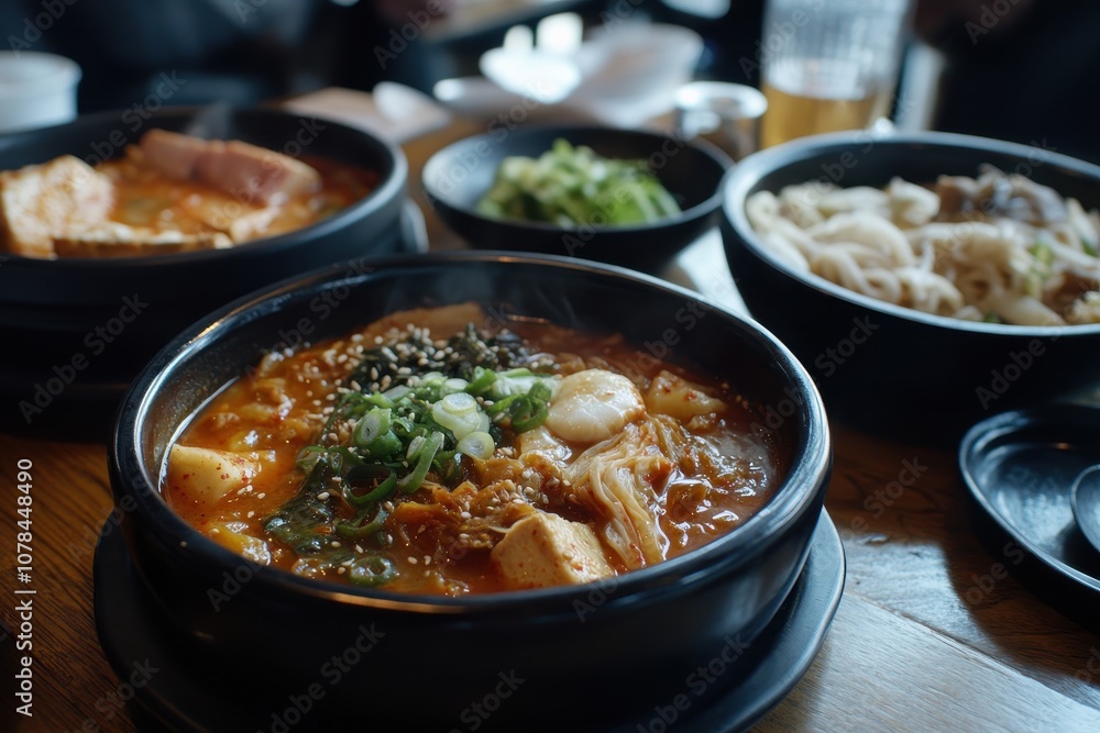 Kimchi jjigae is a Korean stew featuring kimchi and various ingredients like scallions onions tofu pork tuna and seafood Kimchi jjigae is a Korean stew featuring kimchi and various ingredients like scallions onions tofu pork tuna and seafood