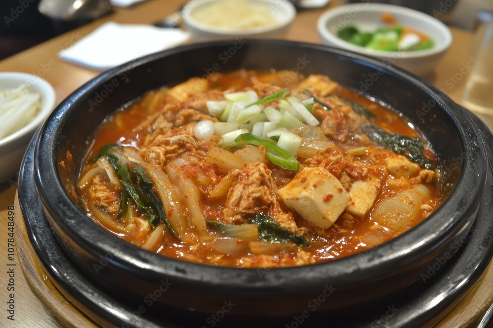 Kimchi Jjigae is a Korean stew featuring kimchi pork scallions onions and tofu Kimchi Jjigae is a Korean stew featuring kimchi pork scallions onions and tofu