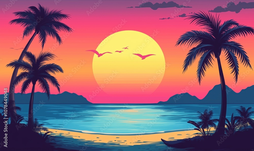 Tropical sunset with palm trees, ocean, mountains, and birds Tropical sunset with palm trees, ocean, mountains, and birds