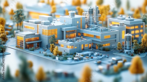 A detailed model of an industrial facility with vibrant surroundings.