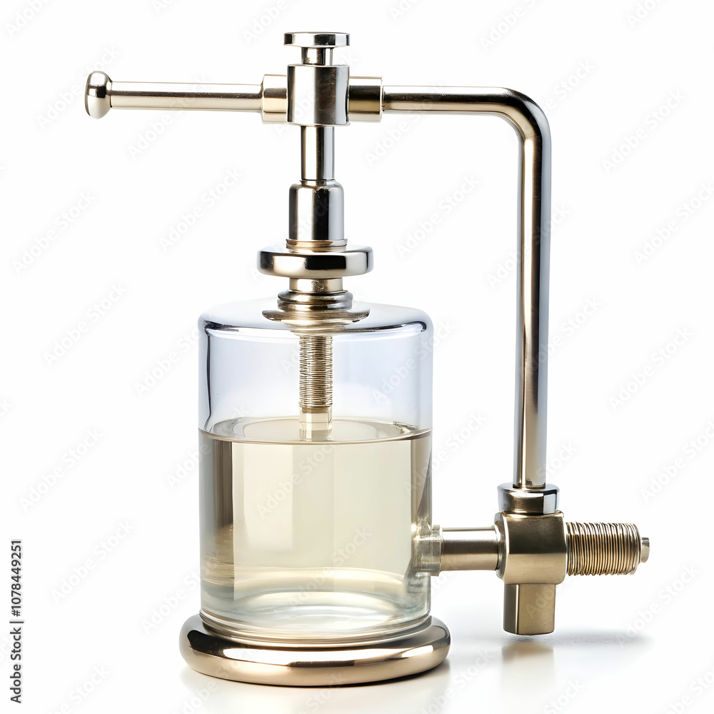 A glass biuret with a stopcock, filled with a clear liquid A glass biuret with a stopcock, filled with a clear liquid