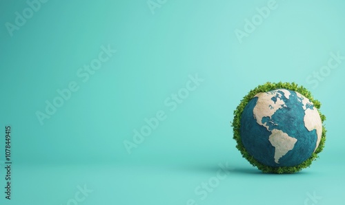 Globe surrounded by lush greenery, representing environmental awareness and sustainability, against a teal backdrop.