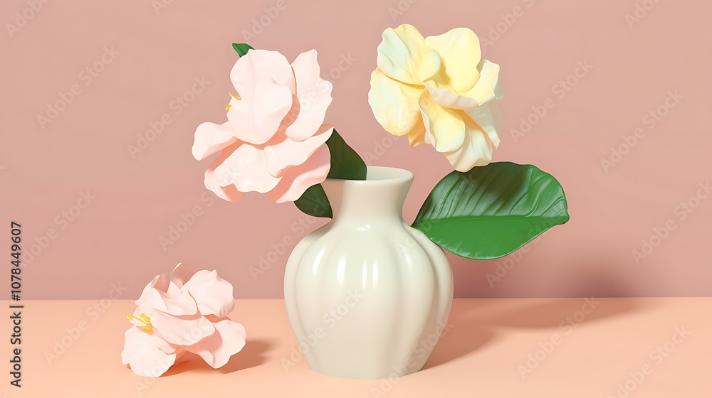 Obraz premium Pastel Pink and Yellow Flowers in a White Vase