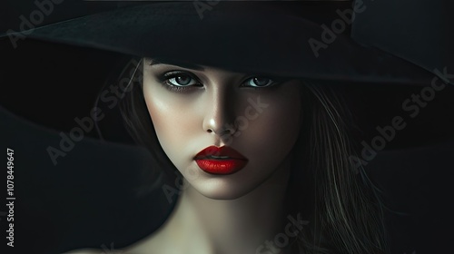 Young woman in a black hat, red lipstick standing out against her dark attire and intense gaze.